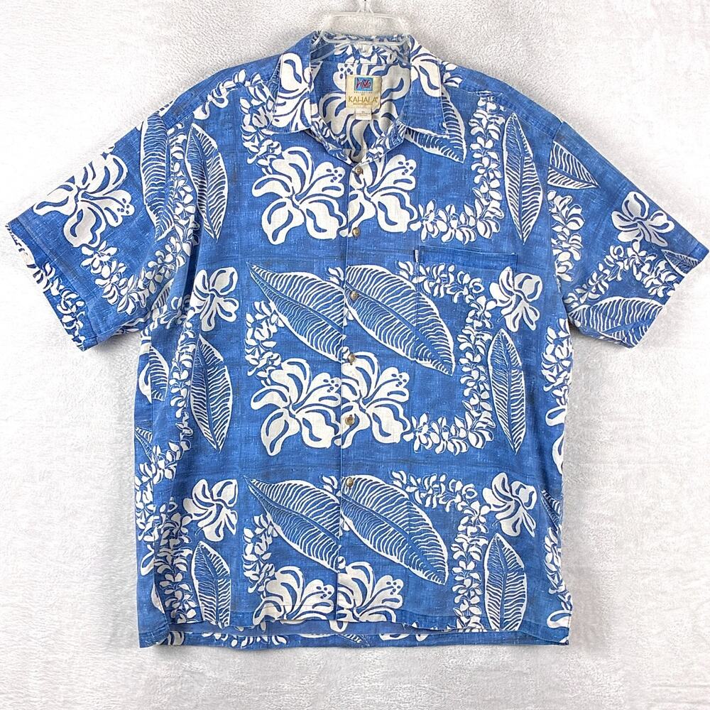 VTG Kahala Hawaiian Shirt Men XL White Blue Floral AOP Aloha Tiki 90s USA